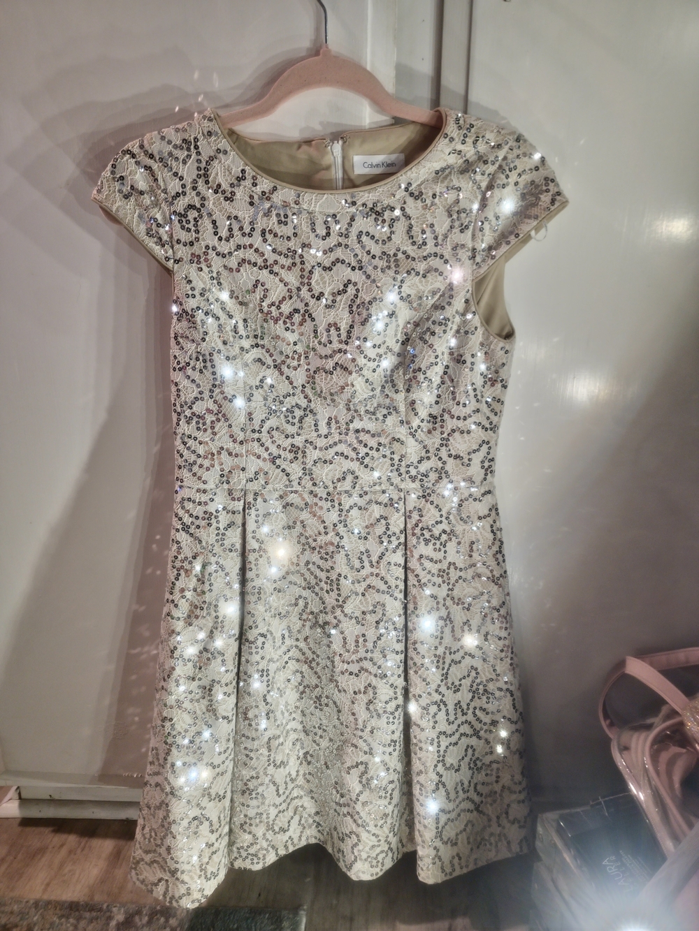 Calvin Klein Girls Cream Sequin A-Line Party Dress
